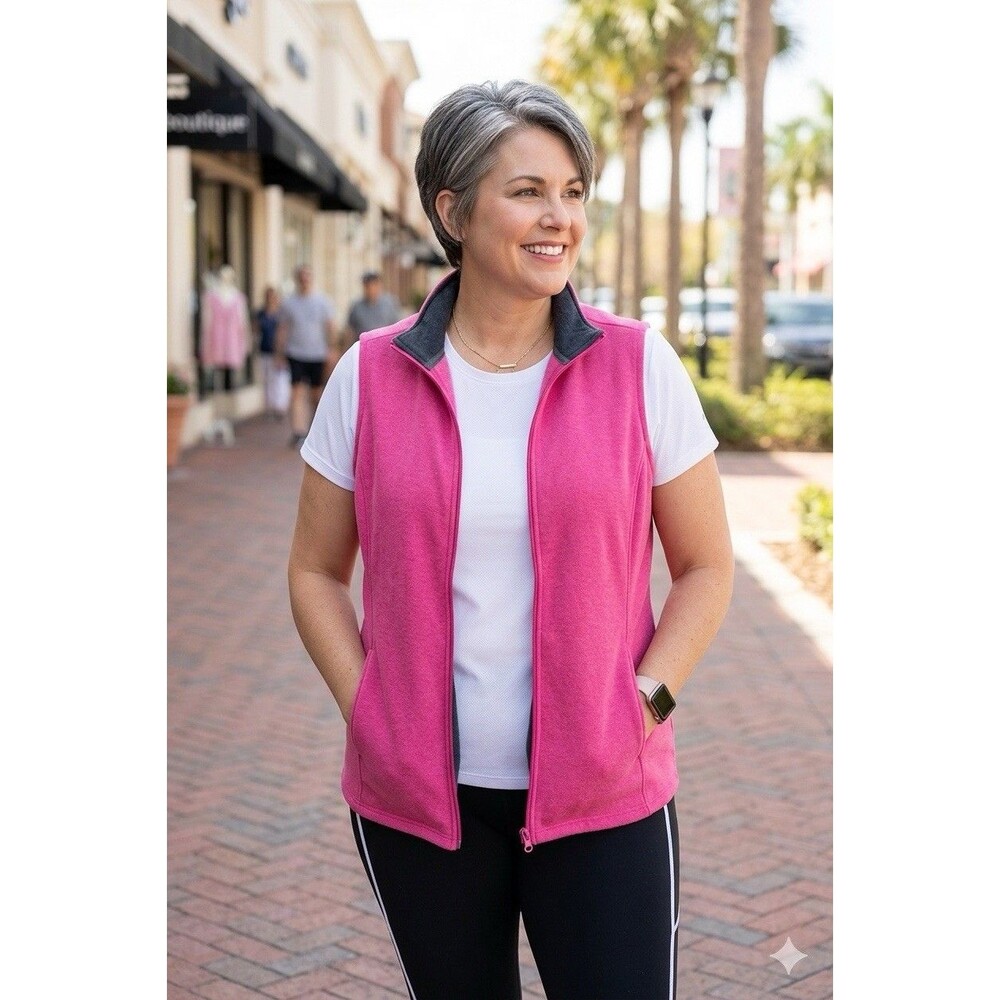 Womens 1X Hot Pink Fleece Vest Grannycore Lightweight Travel Casual Plus-size